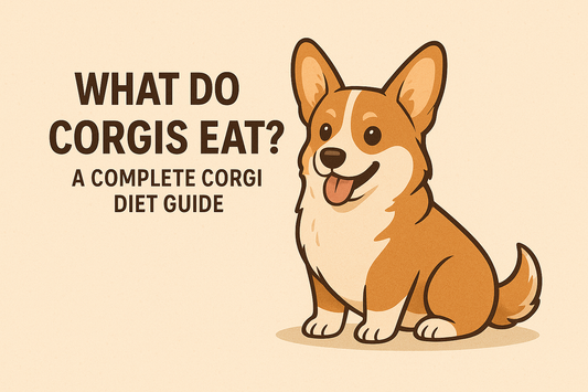 Illustration of a happy sitting corgi next to text about what corgis eat and a diet guide
