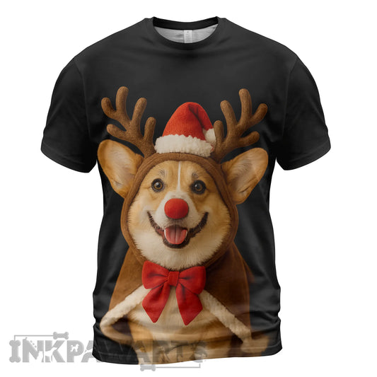 Corgi T-Shirt Funny Christmas Dog in Reindeer Costume Tee