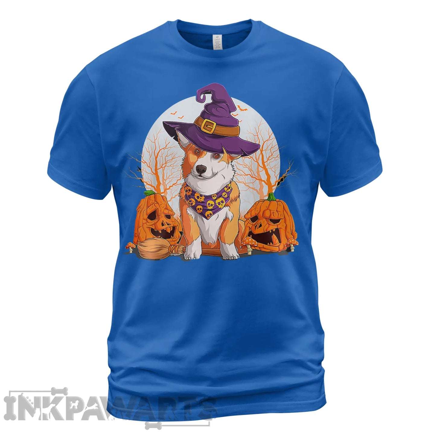 Blue Corgi T-Shirt featuring a corgi in a witch hat with Halloween pumpkins and full moon