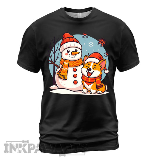 Black Corgi T-Shirt with cartoon snowman and corgi wearing winter hats and scarves