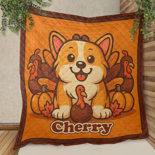 Personalized Corgi Quilt with Thanksgiving theme – cartoon dog, turkeys, pumpkins, and custom name
