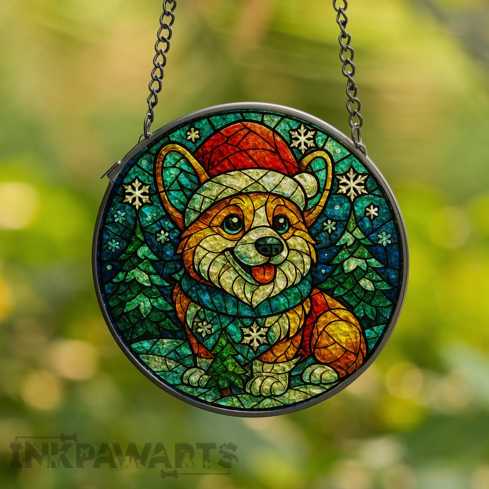 Corgi Stained Glass Suncatcher Christmas Holiday Dog Window Decoration