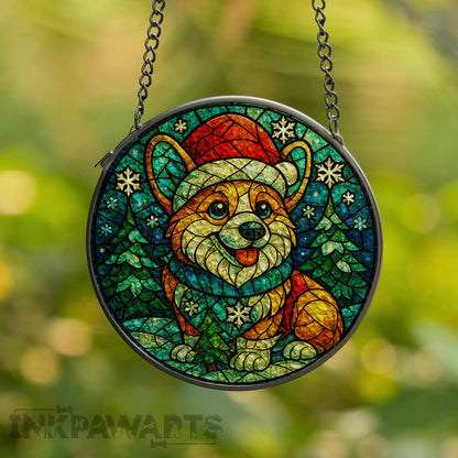 Corgi Stained Glass Suncatcher Christmas Holiday Dog Window Decoration