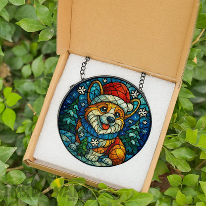 Corgi Stained Glass Suncatcher Christmas Holiday Dog Window Decoration
