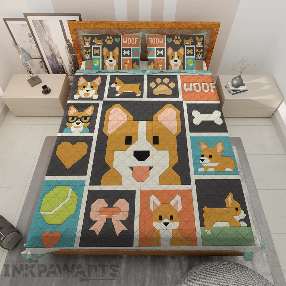 Corgi Bedding Sets – Modern Patchwork Dog Quilt & Pillow Set