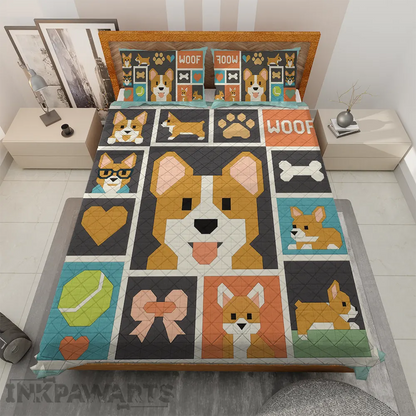 Corgi Bedding Sets – Modern Patchwork Dog Quilt & Pillow Set