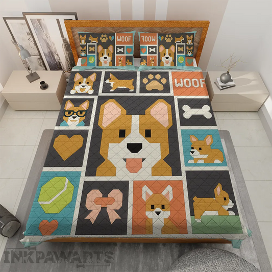 Corgi Bedding Sets – Modern Patchwork Dog Quilt & Pillow Set
