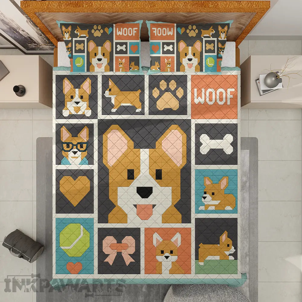 Corgi Bedding Sets – Modern Patchwork Dog Quilt & Pillow Set