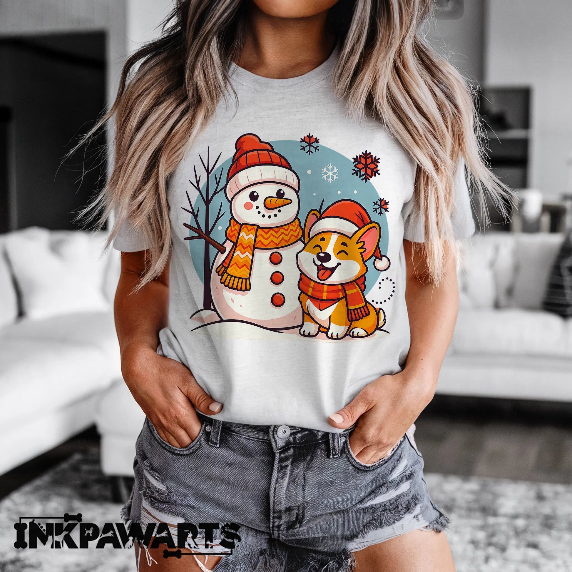 Corgi T-Shirt Cute Christmas Dog and Snowman Holiday Tee