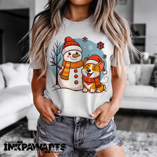 Corgi T-Shirt Cute Christmas Dog and Snowman Holiday Tee