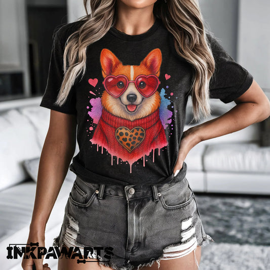 Corgi Valentine T-Shirt – Cute Corgi Love T Shirt with Heart Design for Women