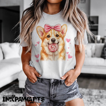 Cute Corgi Valentine T-Shirt – Corgi Love Shirt with Heart Lollipop