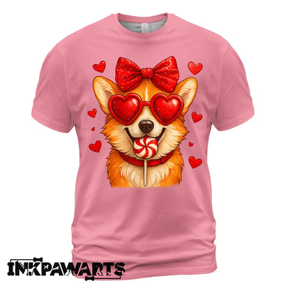 Cute Corgi Valentine T-Shirt – Corgi Love Shirt with Heart Lollipop