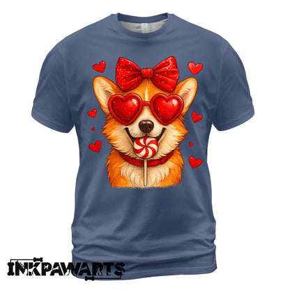 Cute Corgi Valentine T-Shirt – Corgi Love Shirt with Heart Lollipop