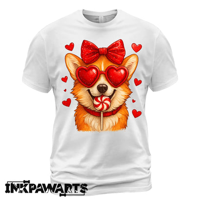 Cute Corgi Valentine T-Shirt – Corgi Love Shirt with Heart Lollipop