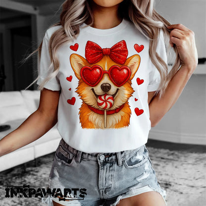 Cute Corgi Valentine T-Shirt – Corgi Love Shirt with Heart Lollipop