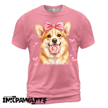 Cute Corgi Valentine T-Shirt – Corgi Love Shirt with Heart Lollipop