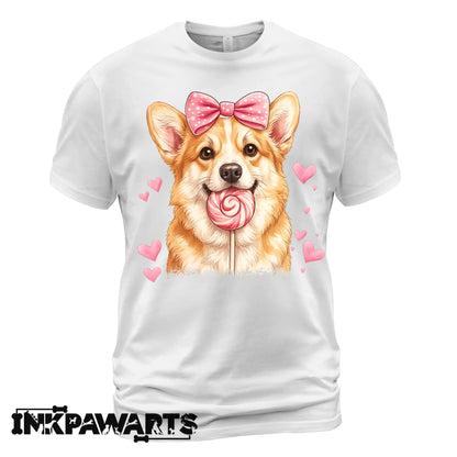 Cute Corgi Valentine T-Shirt – Corgi Love Shirt with Heart Lollipop