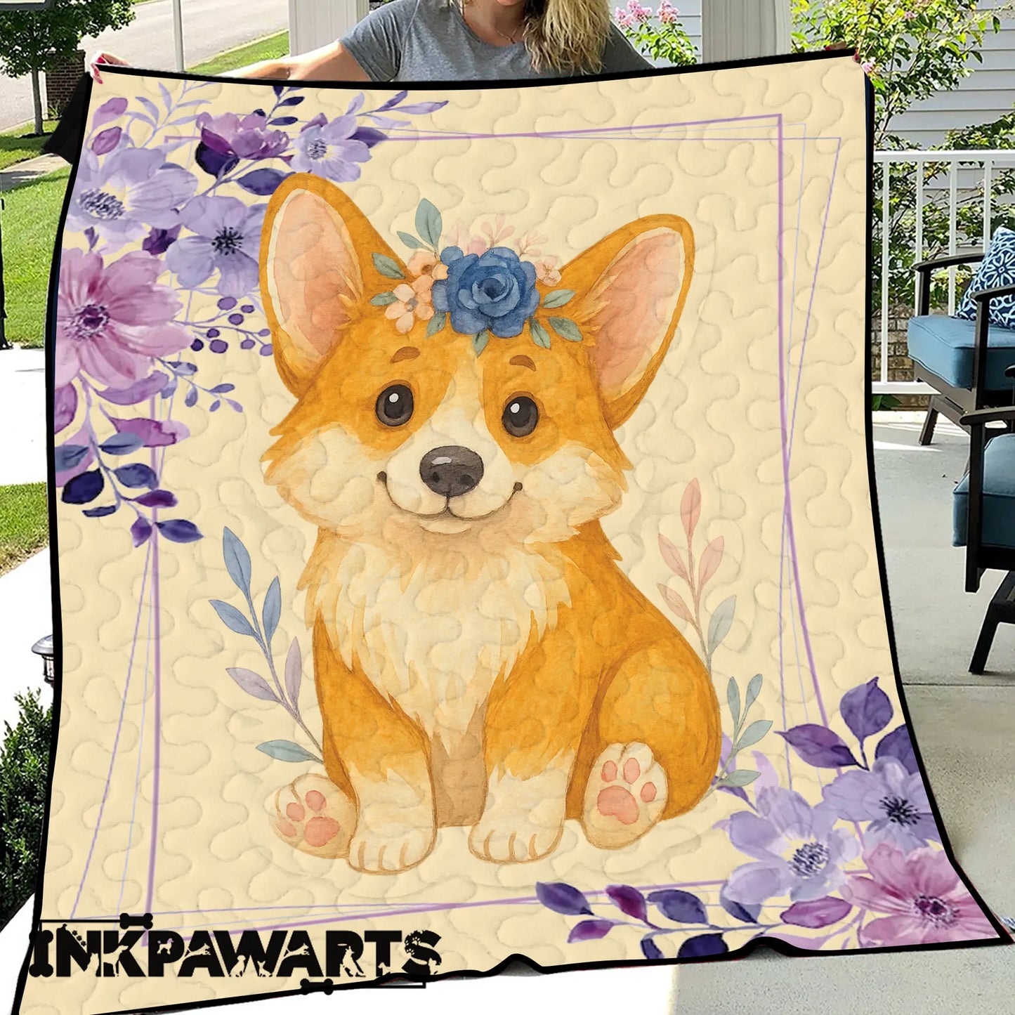 Personalized Baby Girl Corgi Quilt – Custom Name Floral Puppy Blanket for Girls