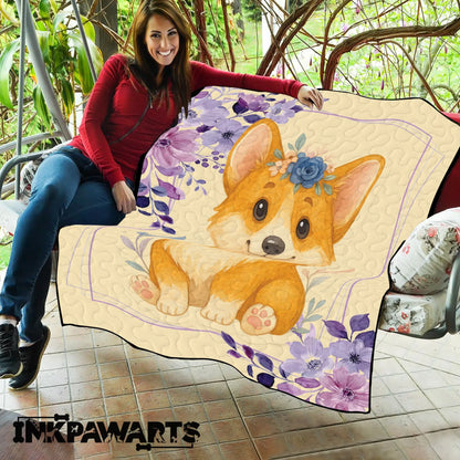 Personalized Baby Girl Corgi Quilt – Custom Name Floral Puppy Blanket for Girls