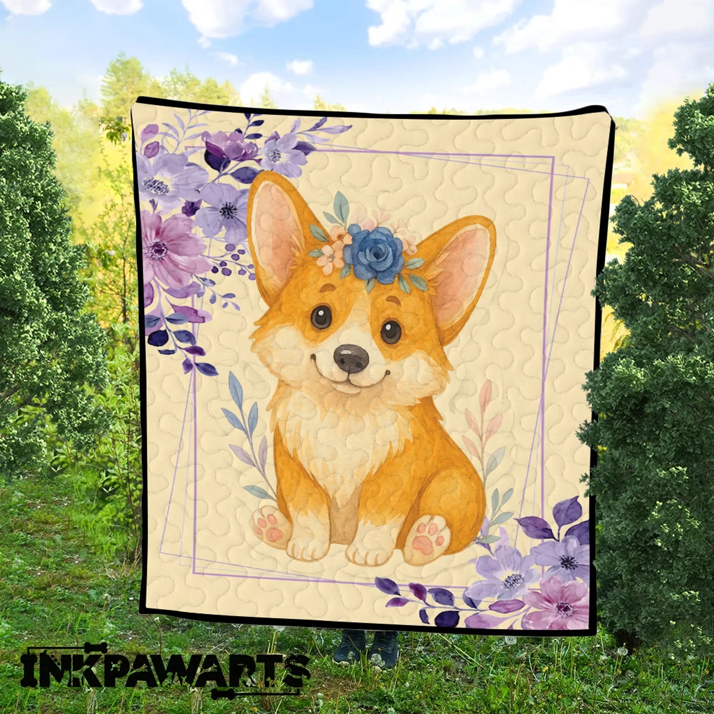 Personalized Baby Girl Corgi Quilt – Custom Name Floral Puppy Blanket for Girls