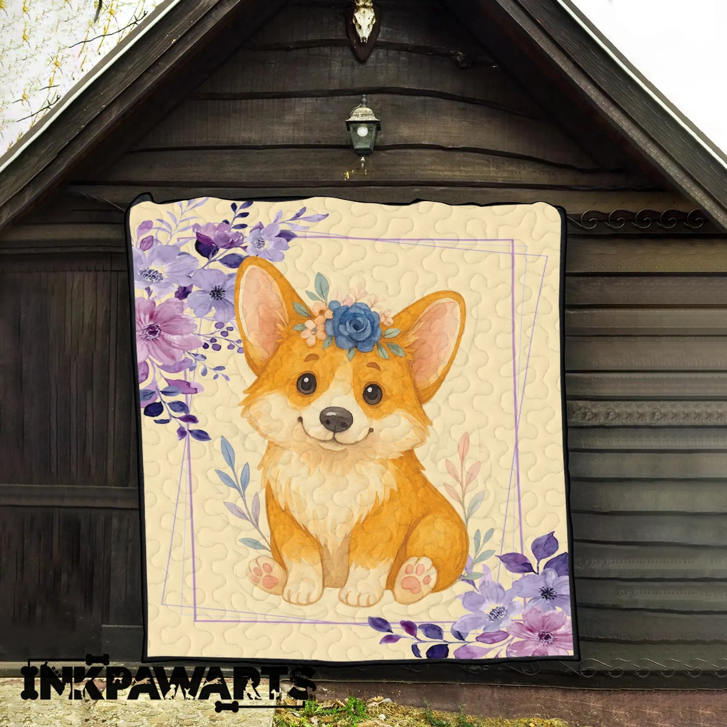 Personalized Baby Girl Corgi Quilt – Custom Name Floral Puppy Blanket for Girls