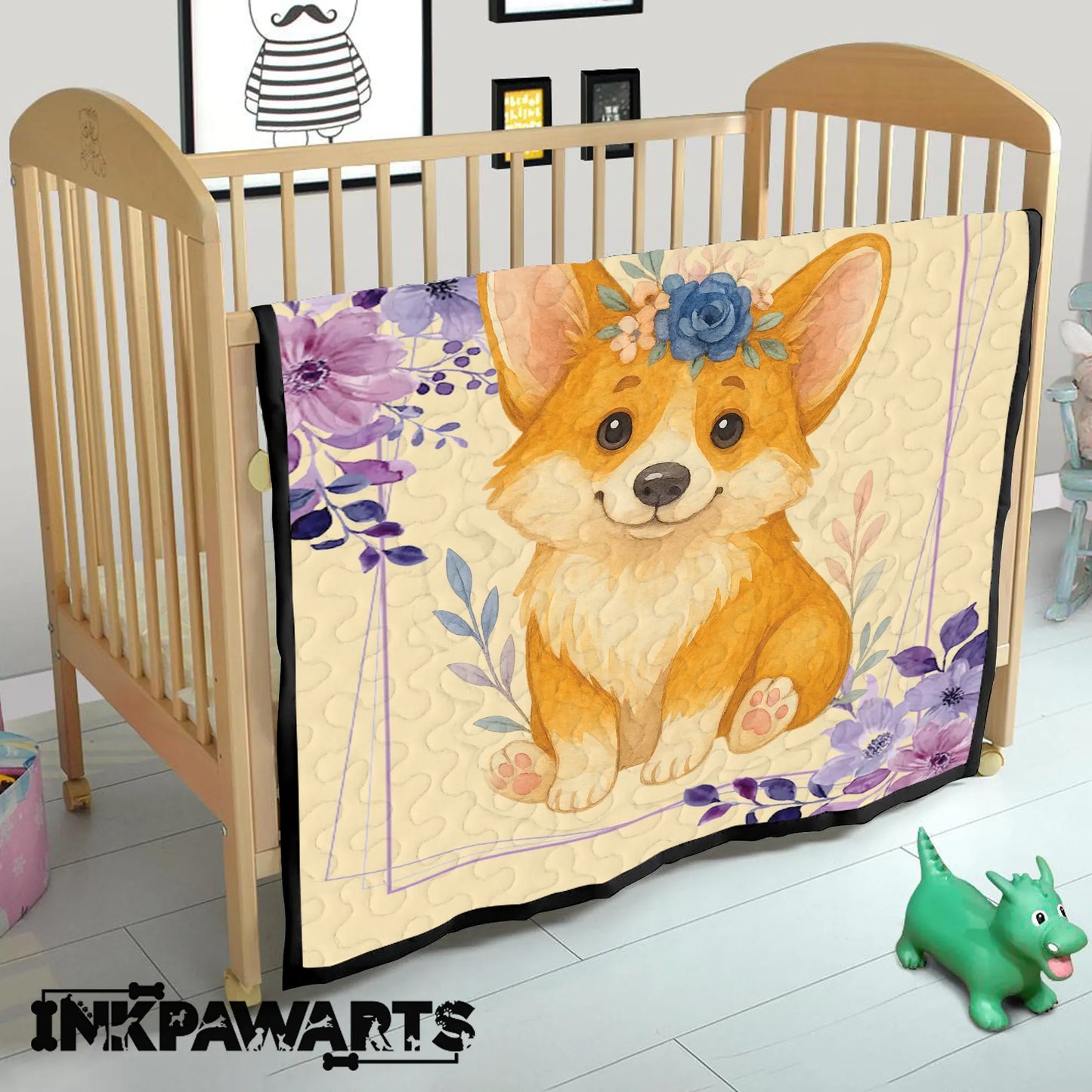 Personalized Baby Girl Corgi Quilt – Custom Name Floral Puppy Blanket for Girls
