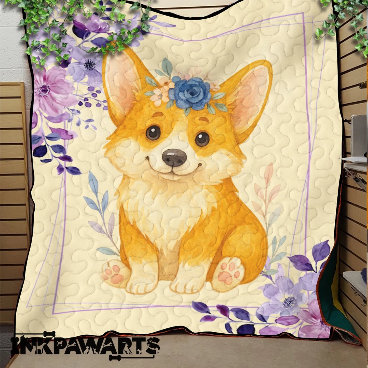 Personalized Baby Girl Corgi Quilt – Custom Name Floral Puppy Blanket for Girls