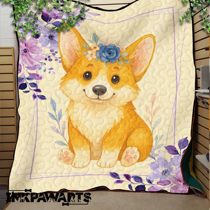Personalized Baby Girl Corgi Quilt – Custom Name Floral Puppy Blanket for Girls