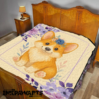 Personalized Baby Girl Corgi Quilt – Custom Name Floral Puppy Blanket for Girls