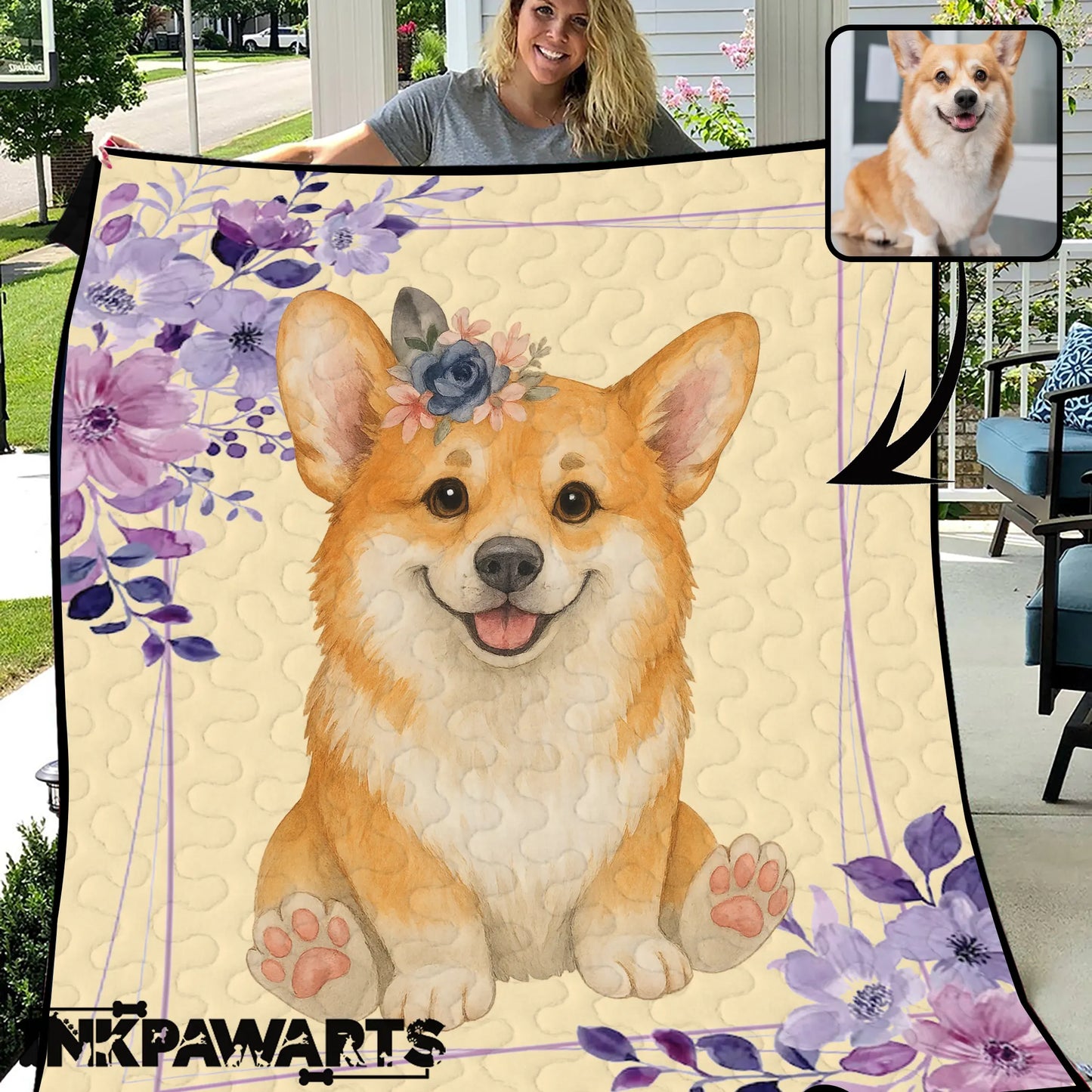 Personalized Baby Girl Corgi Quilt – Custom Name Floral Puppy Blanket for Girls