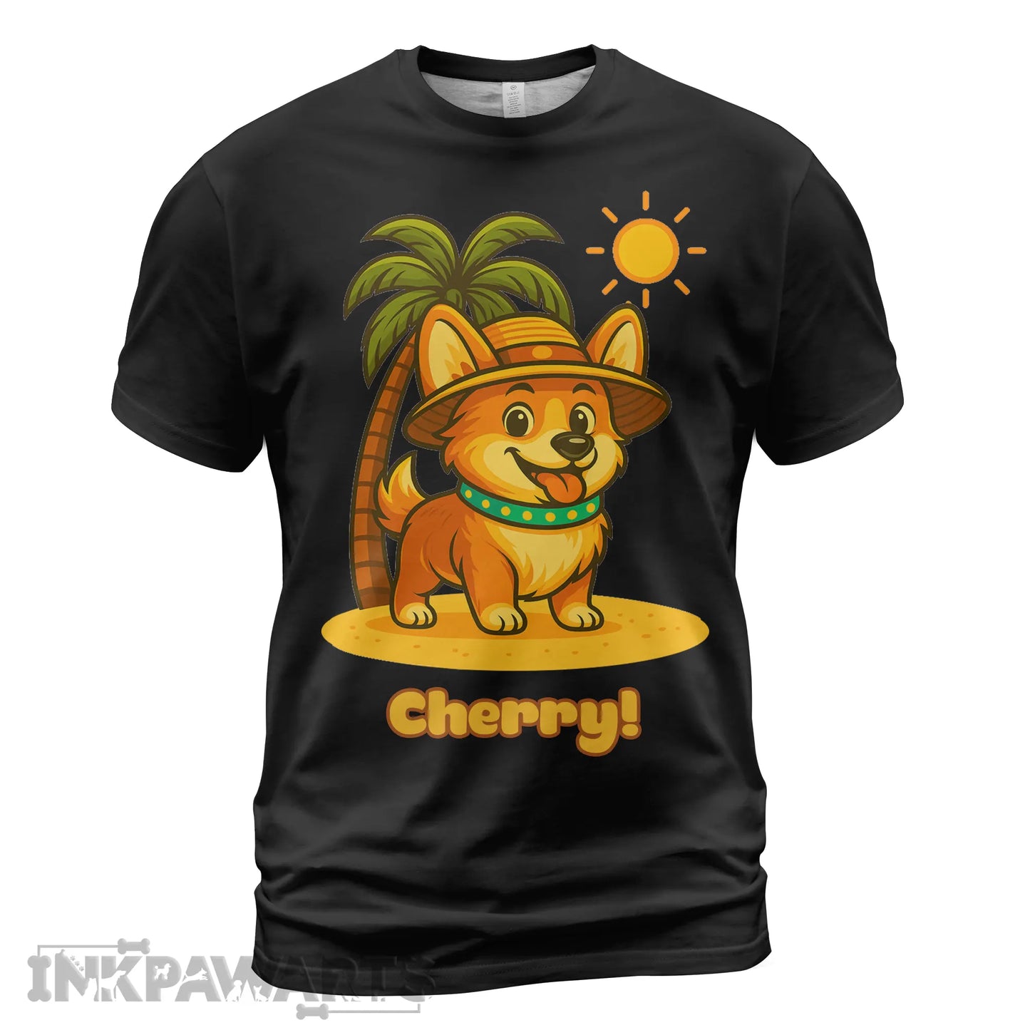 InkPawArts black Corgi T-Shirt featuring a cute corgi with a sun hat and palm tree design