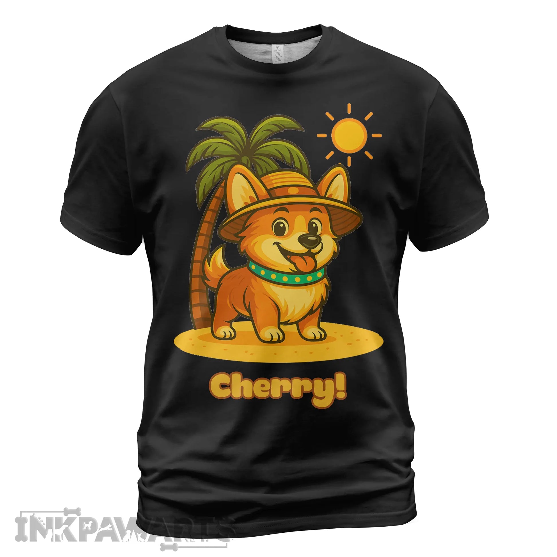 InkPawArts black Corgi T-Shirt featuring a cute corgi with a sun hat and palm tree design