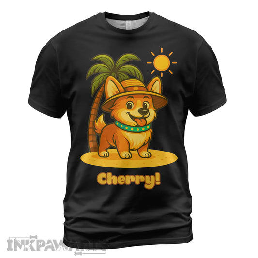 InkPawArts black Corgi T-Shirt featuring a cute corgi with a sun hat and palm tree design