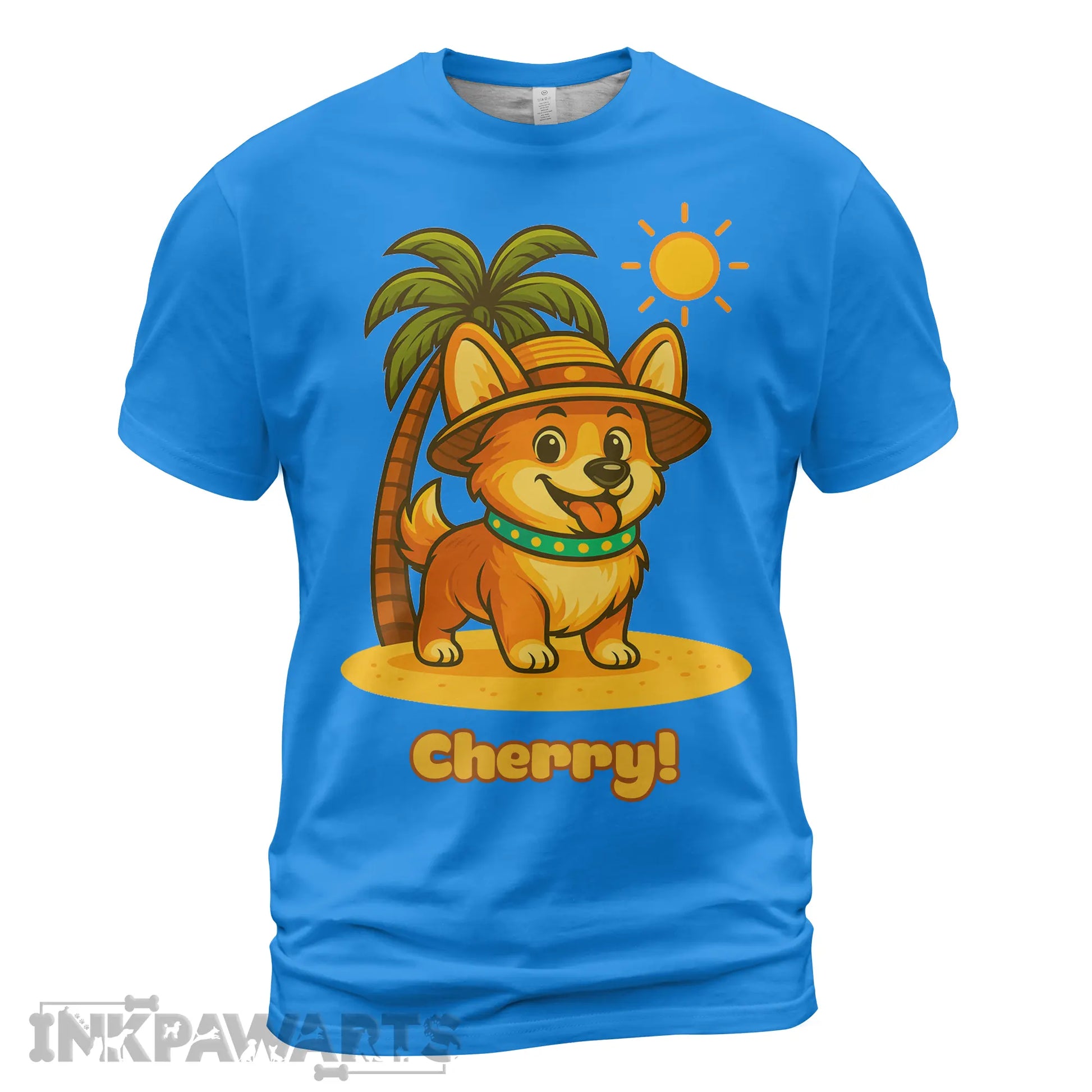 Blue Corgi T-Shirt with cartoon corgi wearing a hat and standing by a palm tree under the sun