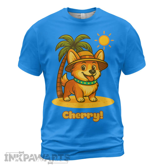 Blue Corgi T-Shirt with cartoon corgi wearing a hat and standing by a palm tree under the sun