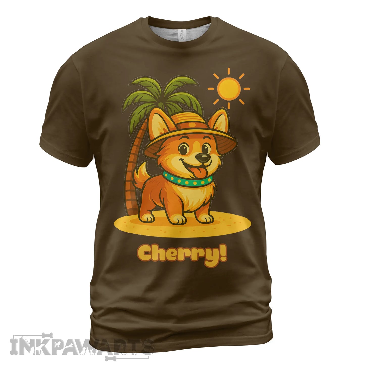 InkPawArts brown Corgi T-Shirt featuring a cartoon corgi with a hat under a palm tree and sun