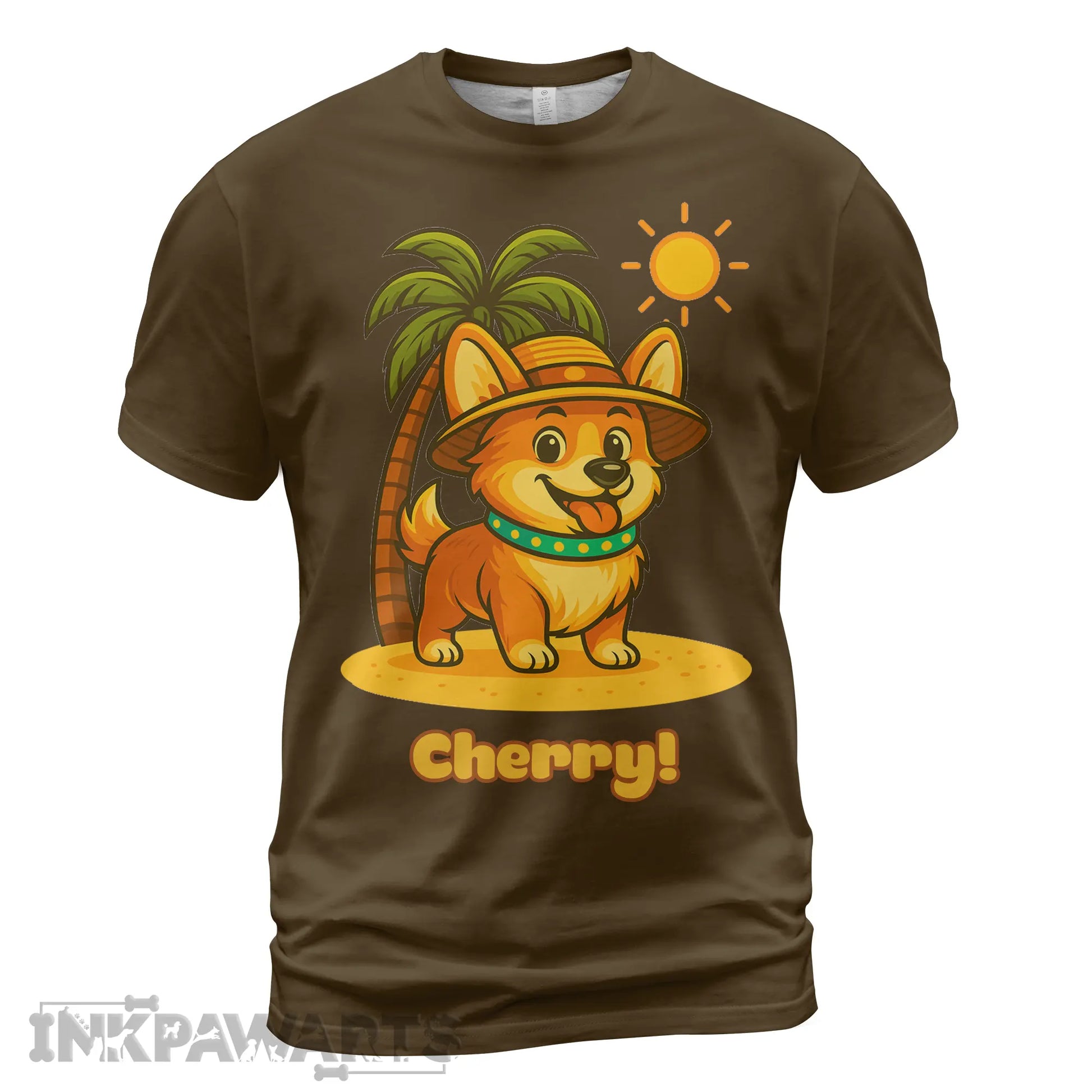 InkPawArts brown Corgi T-Shirt featuring a cartoon corgi with a hat under a palm tree and sun