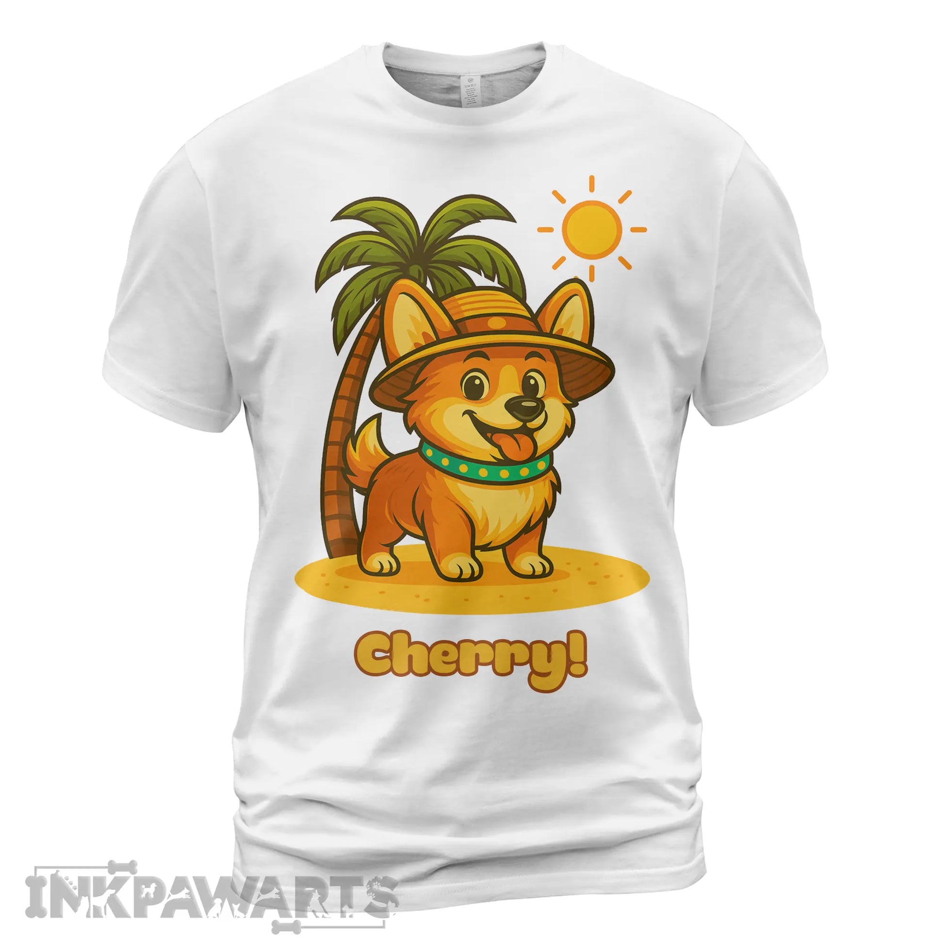 InkPawArts white Corgi T-Shirt featuring cute corgi with hat under palm tree and sun