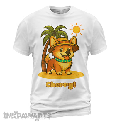 InkPawArts white Corgi T-Shirt featuring cute corgi with hat under palm tree and sun