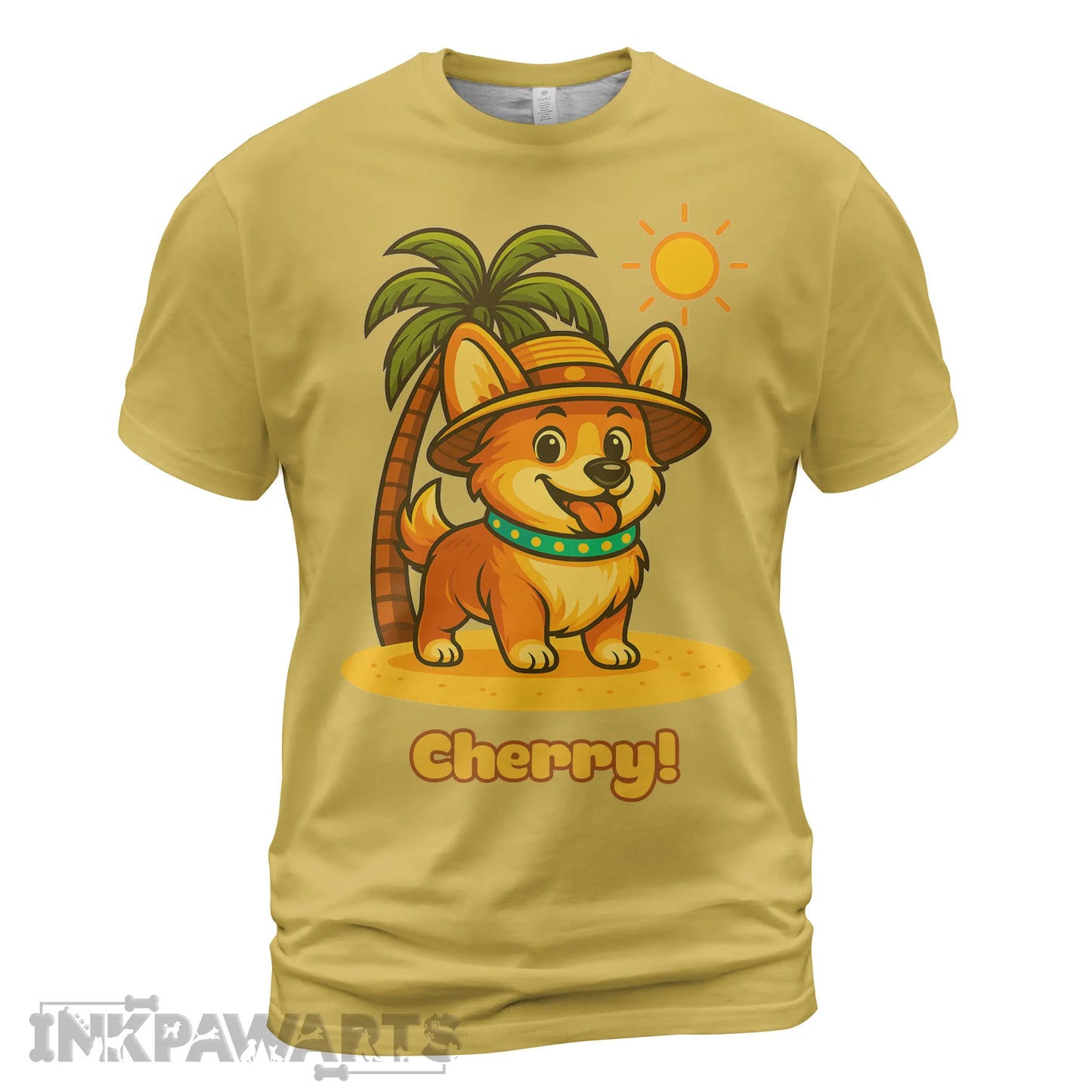 Yellow Corgi T-Shirt from InkPawArts featuring a cute corgi with a hat by a palm tree and sun