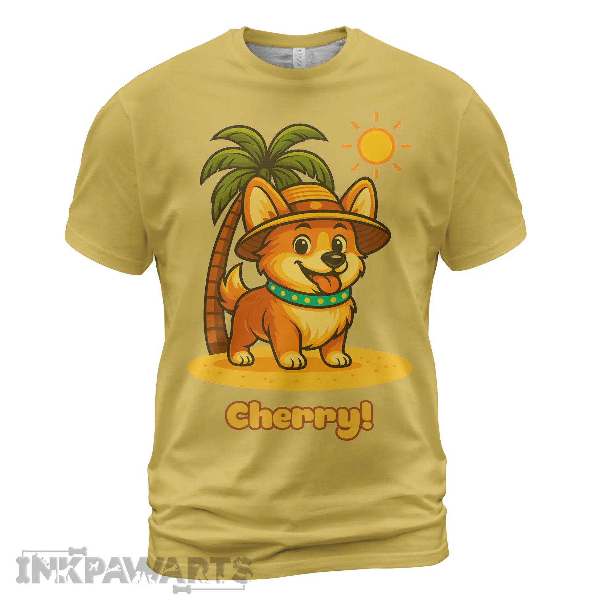 Yellow Corgi T-Shirt from InkPawArts featuring a cute corgi with a hat by a palm tree and sun