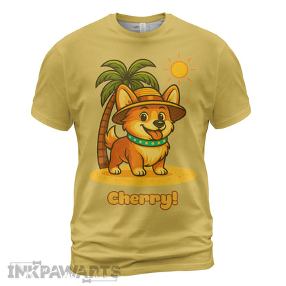 Yellow Corgi T-Shirt from InkPawArts featuring a cute corgi with a hat by a palm tree and sun