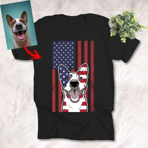 Dog Shirts Personalized Dog Portrait On American Flag T-Shirt For Dog Lovers 4th July Independence Day