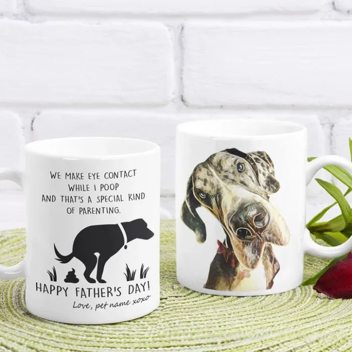 Dog Mug Personalized We Make Eye Contact While I Poop Happy Father's Day Mug Funny Dad Gift For Dog Dad, Dog Owner