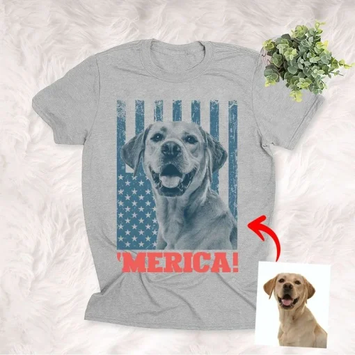 Dog Shirts Independence Day 4th July Customized Dog Photo Portrait T-Shirt For Human