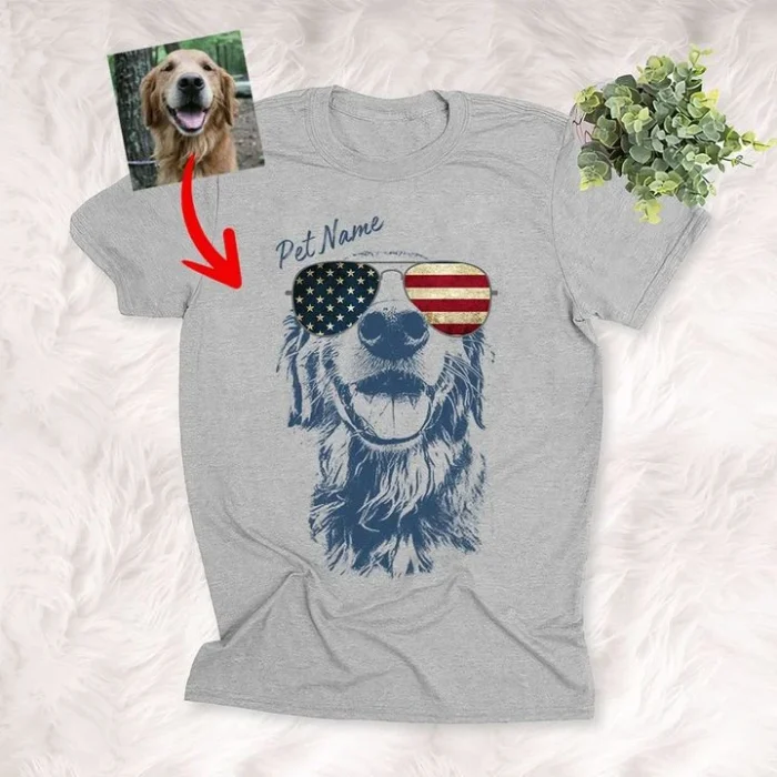 Dog Shirts American Flag Glasses Independence Day 4th July Customized Dog Photo Portrait T-Shirt