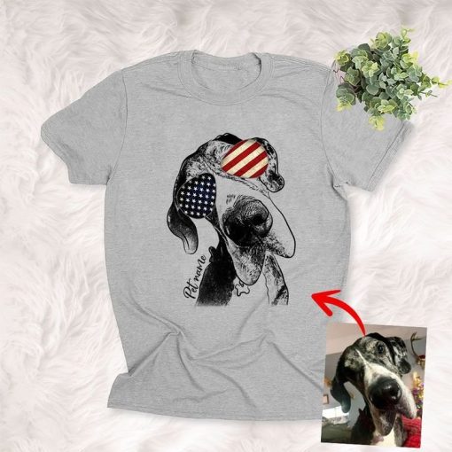 Dog Shirts 4th July Independence Day America Flag Glasses Customized Dog Portrait Shirts