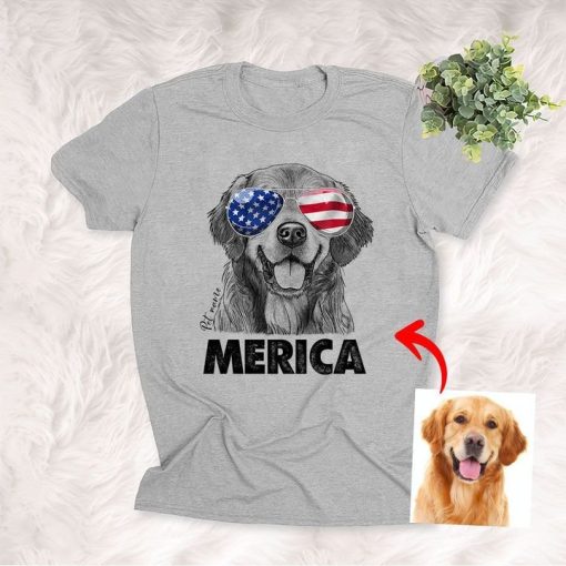 Dog Shirts American 4th July Independence Day Hand Drawn Dog With Glasses Customized Unisex T-Shirts Dog Parents Gift