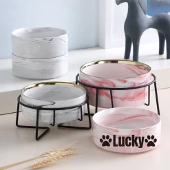 Personalized Dog Bowl Customized Pet Name Marbling Ceramic, Cat Bowl, Pet Bowl INK52429